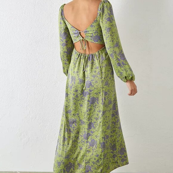 Urban Outfitters Kitty Printed Puff Sleeved Lilac Green Midi Dress - Picture 2 of 9